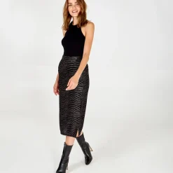 Zebra Foil Stripe Split Front Midi Skirt