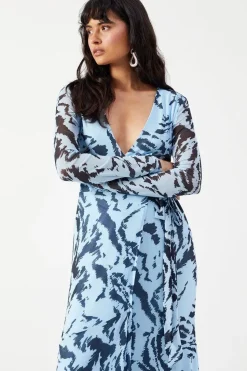 Zebra Mesh Asymmetric Seam Wrap Midi Dress