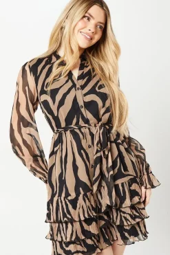 Zebra Pleated Ruffle Hem Chiffon Shirt Dress