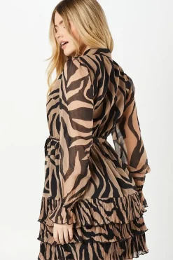 Zebra Pleated Ruffle Hem Chiffon Shirt Dress