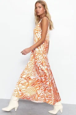 Zebra Printed Scoop Neck Satin Midi Slip Dress