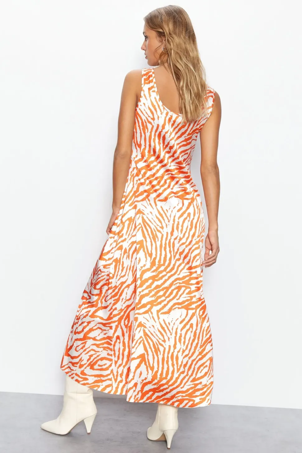 Zebra Printed Scoop Neck Satin Midi Slip Dress