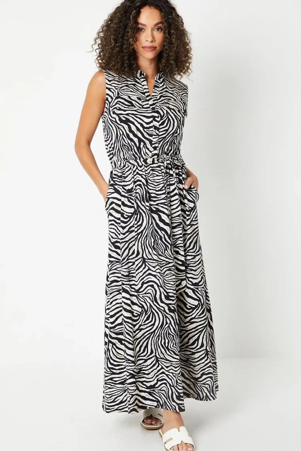 Zebra Print Jersey Pocket Detail Belted Shirt Dress