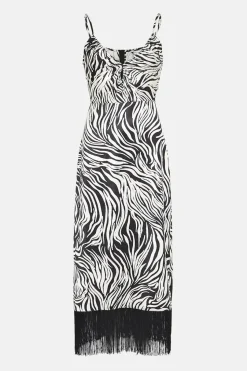Zebra Print Strappy Fringing Midi Dress