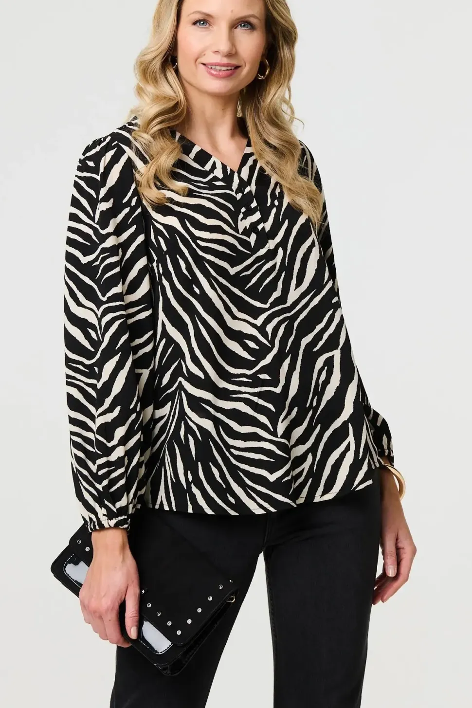 Zebra Print V-Neck Long Sleeve Blouse