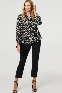 Zebra Print V-Neck Long Sleeve Blouse