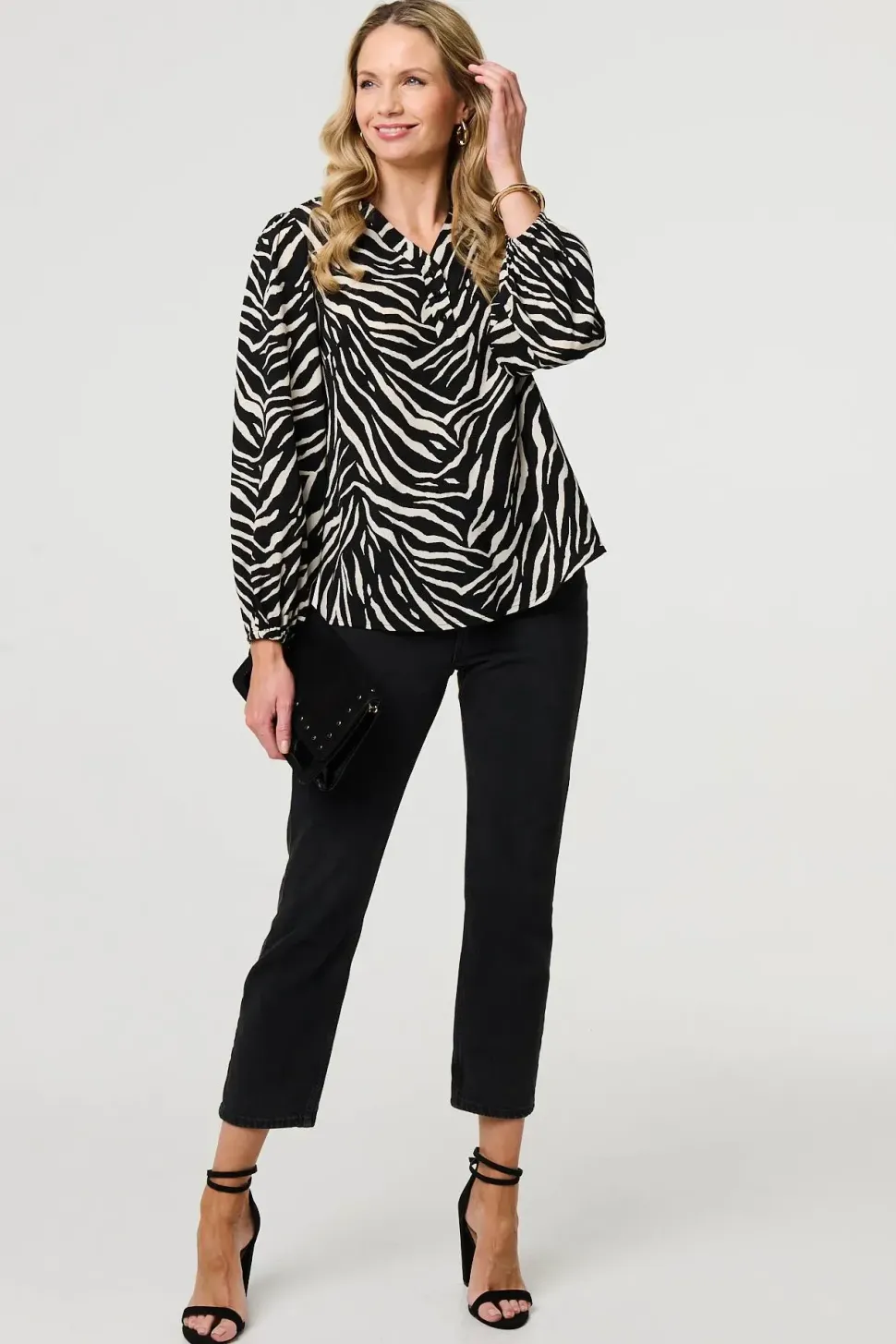 Zebra Print V-Neck Long Sleeve Blouse