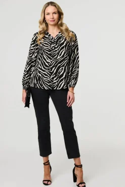Zebra Print V-Neck Long Sleeve Blouse