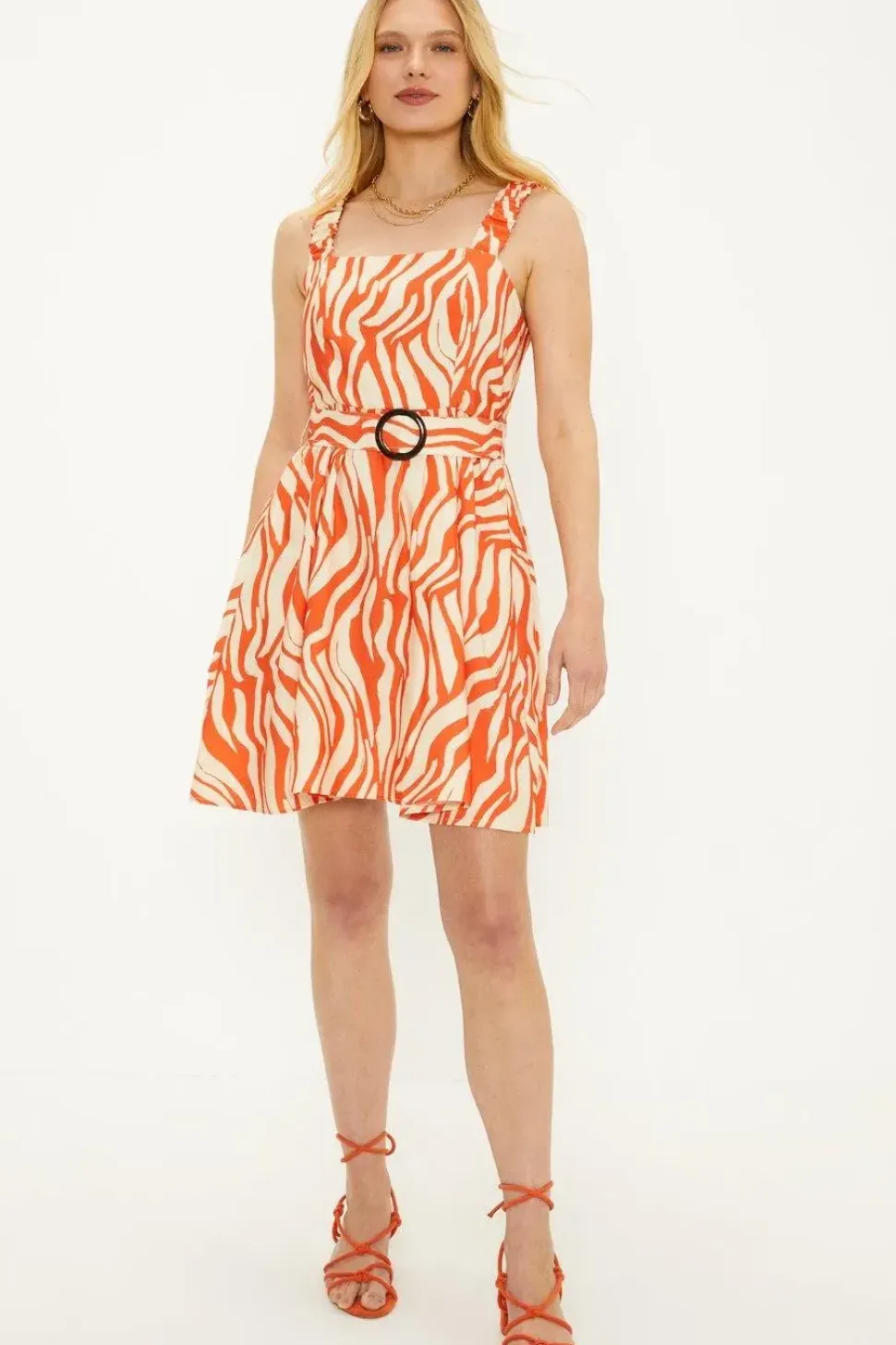Zebra Ruched Strap Belted Mini Dress