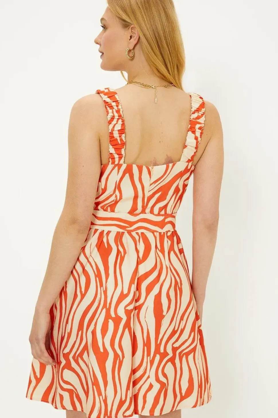 Zebra Ruched Strap Belted Mini Dress
