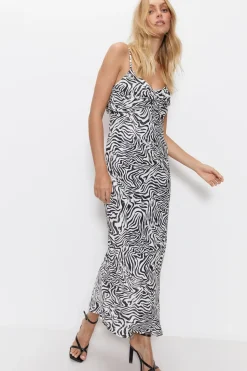Zebra Satin Twist Detail Slip Dress
