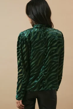 Zebra Velvet High Neck Button Detail Blouse