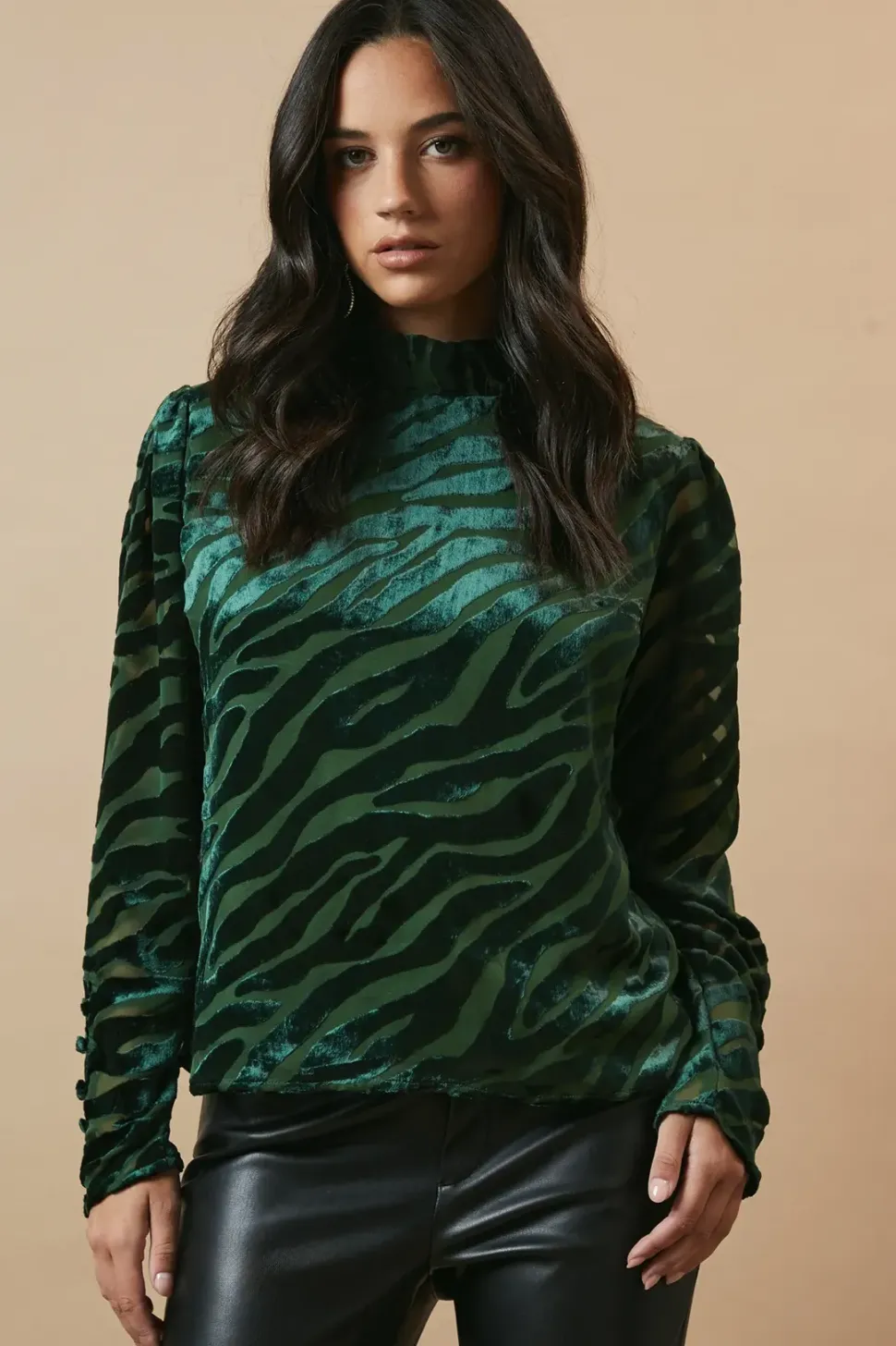 Zebra Velvet High Neck Button Detail Blouse