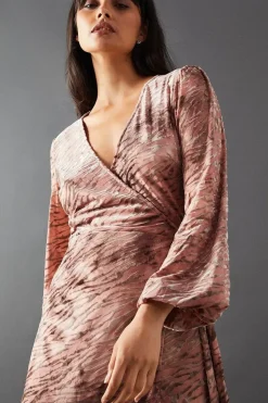 Zebra Velvet Wrap Asymmetric Tier Midi Dress