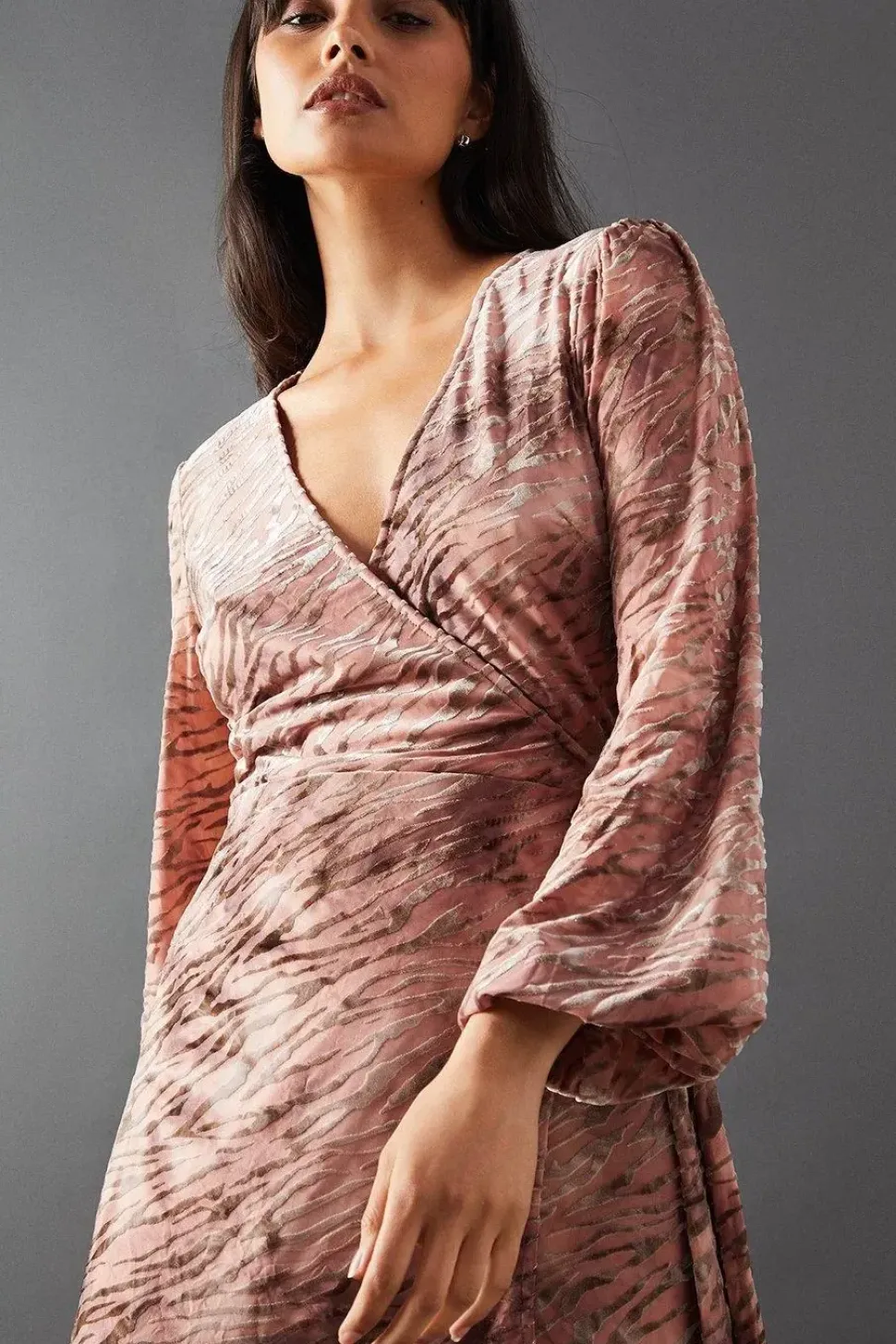 Zebra Velvet Wrap Asymmetric Tier Midi Dress
