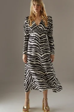 Zebra Viscose V Neck Long Puff Sleeve Midi Dress