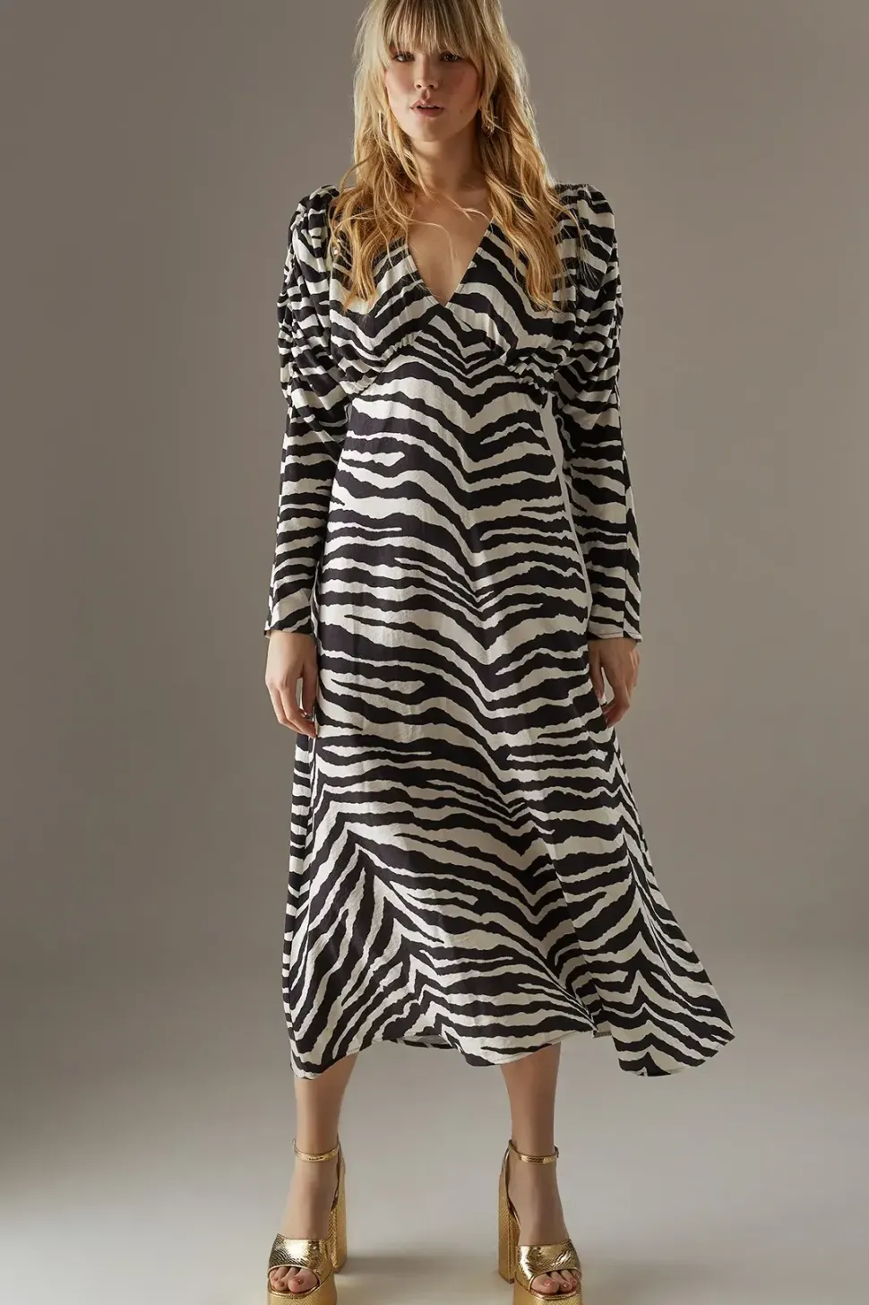 Zebra Viscose V Neck Long Puff Sleeve Midi Dress