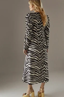 Zebra Viscose V Neck Long Puff Sleeve Midi Dress