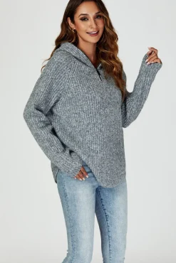 Zip Detail Knit Hoodie In Grey