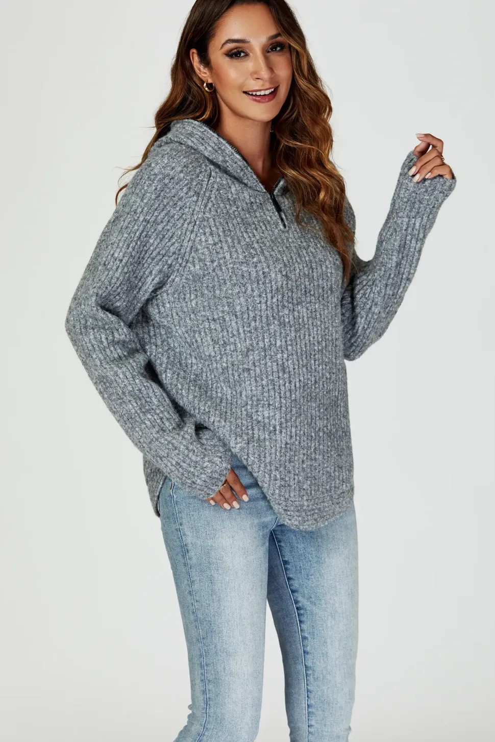 Zip Detail Knit Hoodie In Grey