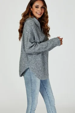 Zip Detail Knit Hoodie In Grey