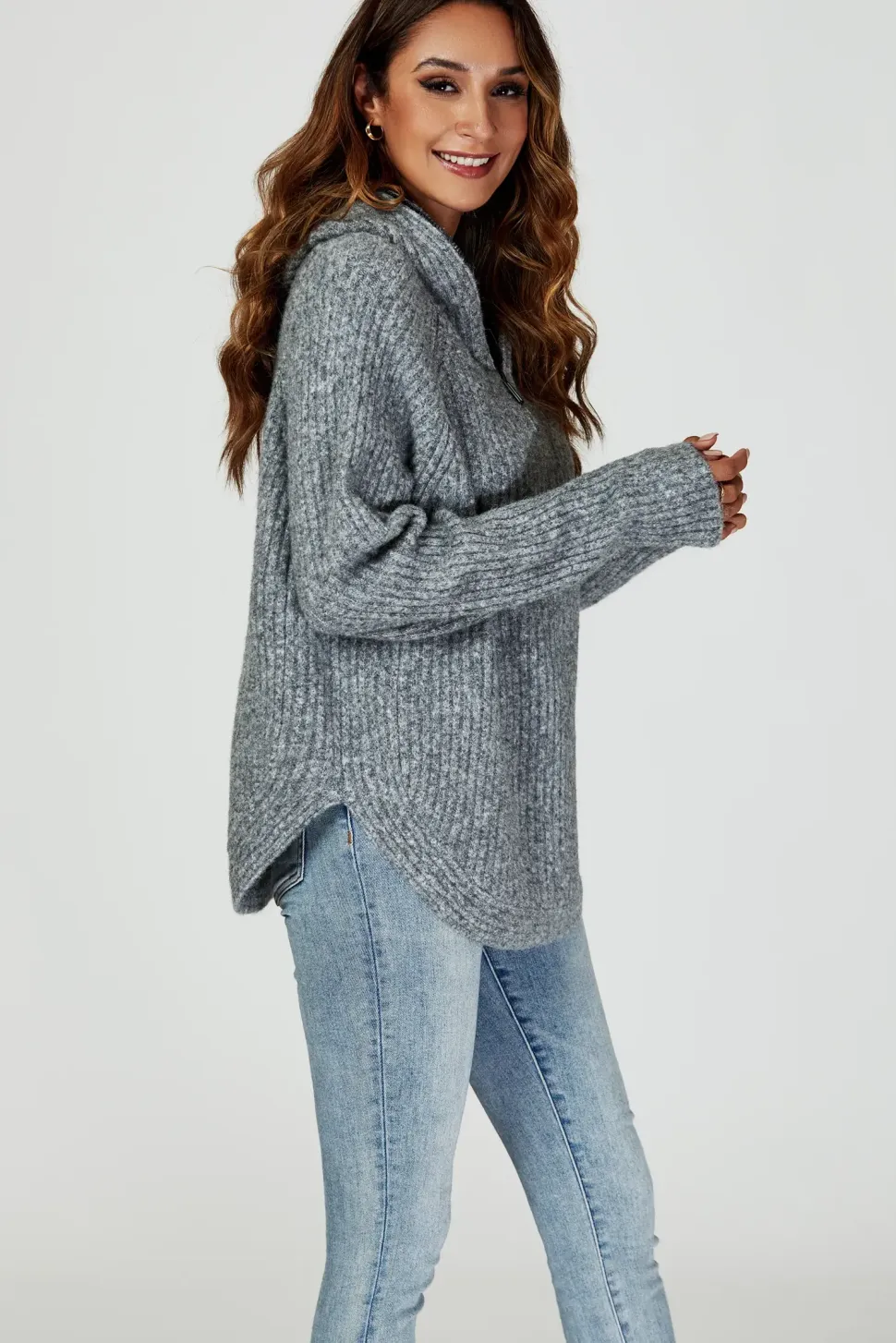 Zip Detail Knit Hoodie In Grey