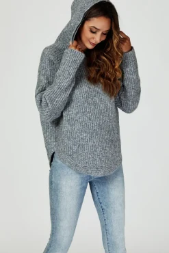 Zip Detail Knit Hoodie In Grey