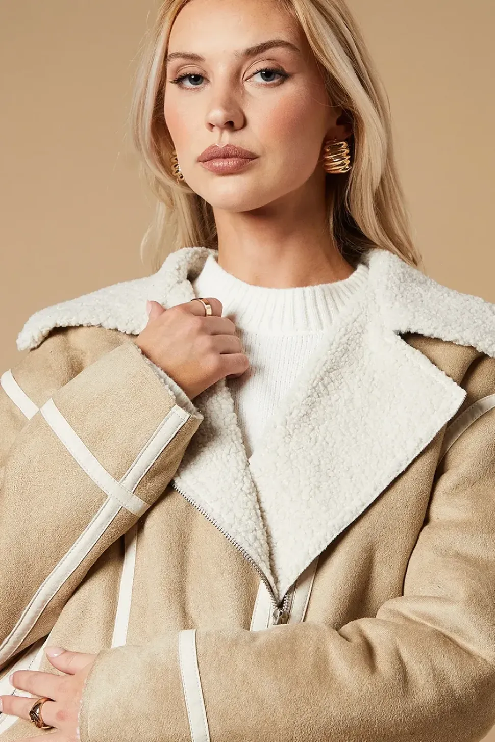 Zip Detail Suedette Aviator Jacket