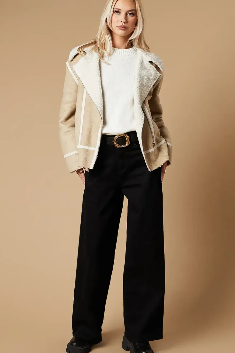 Zip Detail Suedette Aviator Jacket