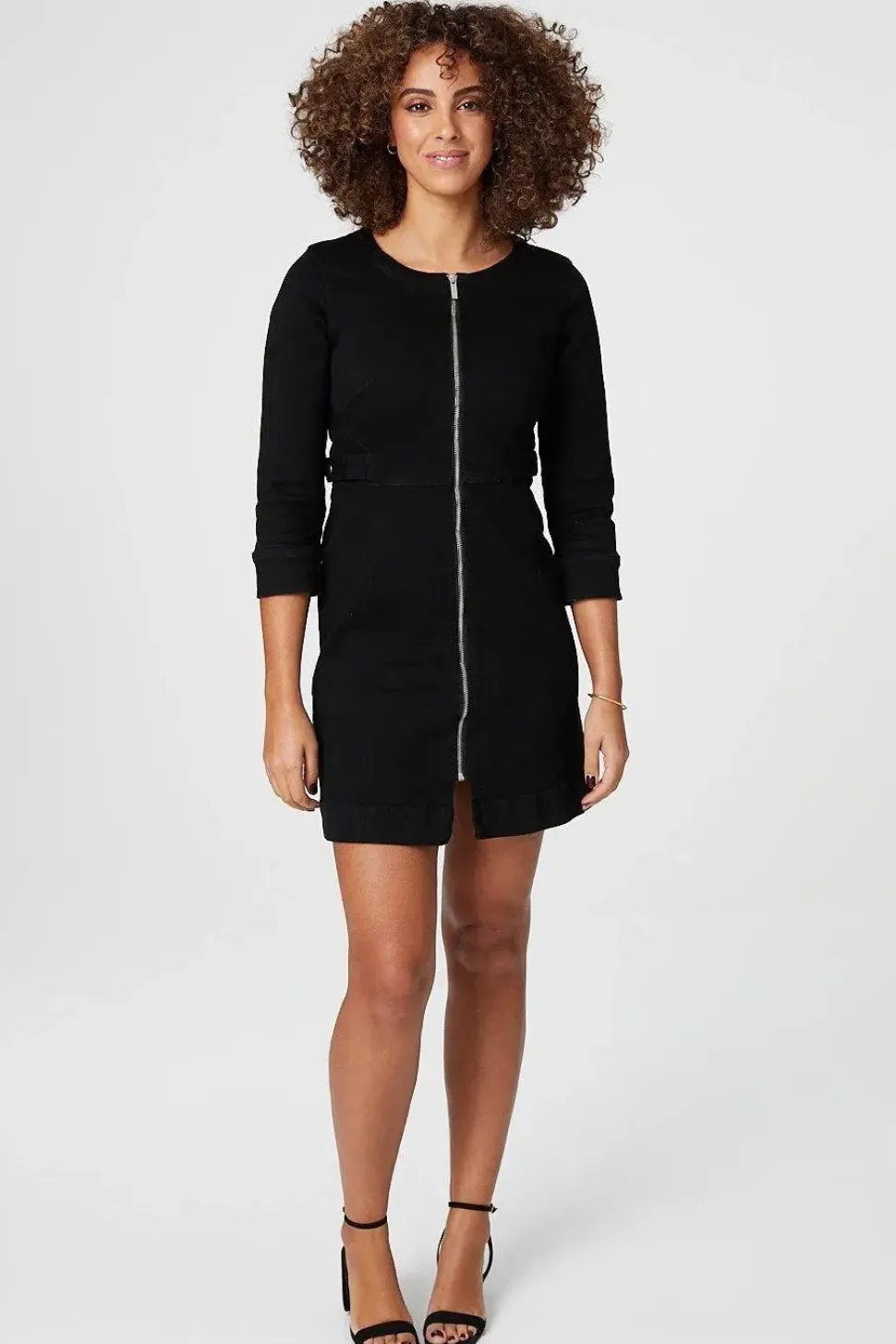 Zip Front Collarless Denim Dress
