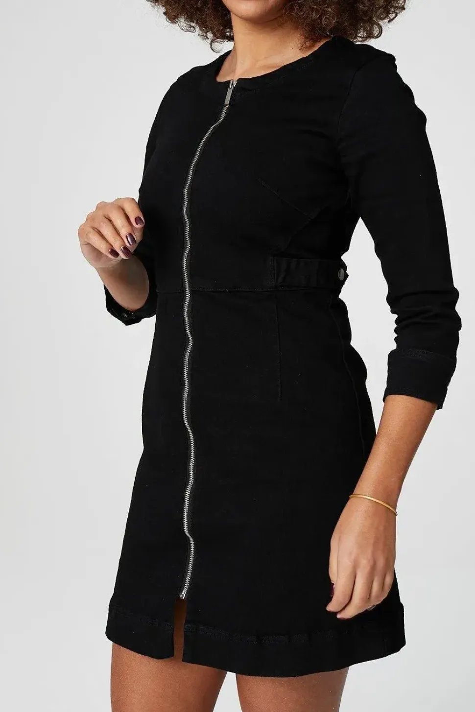 Zip Front Collarless Denim Dress