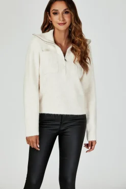 Zippered turtleneck Knit Top In Cream