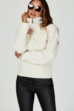 Zippered turtleneck Knit Top In Cream