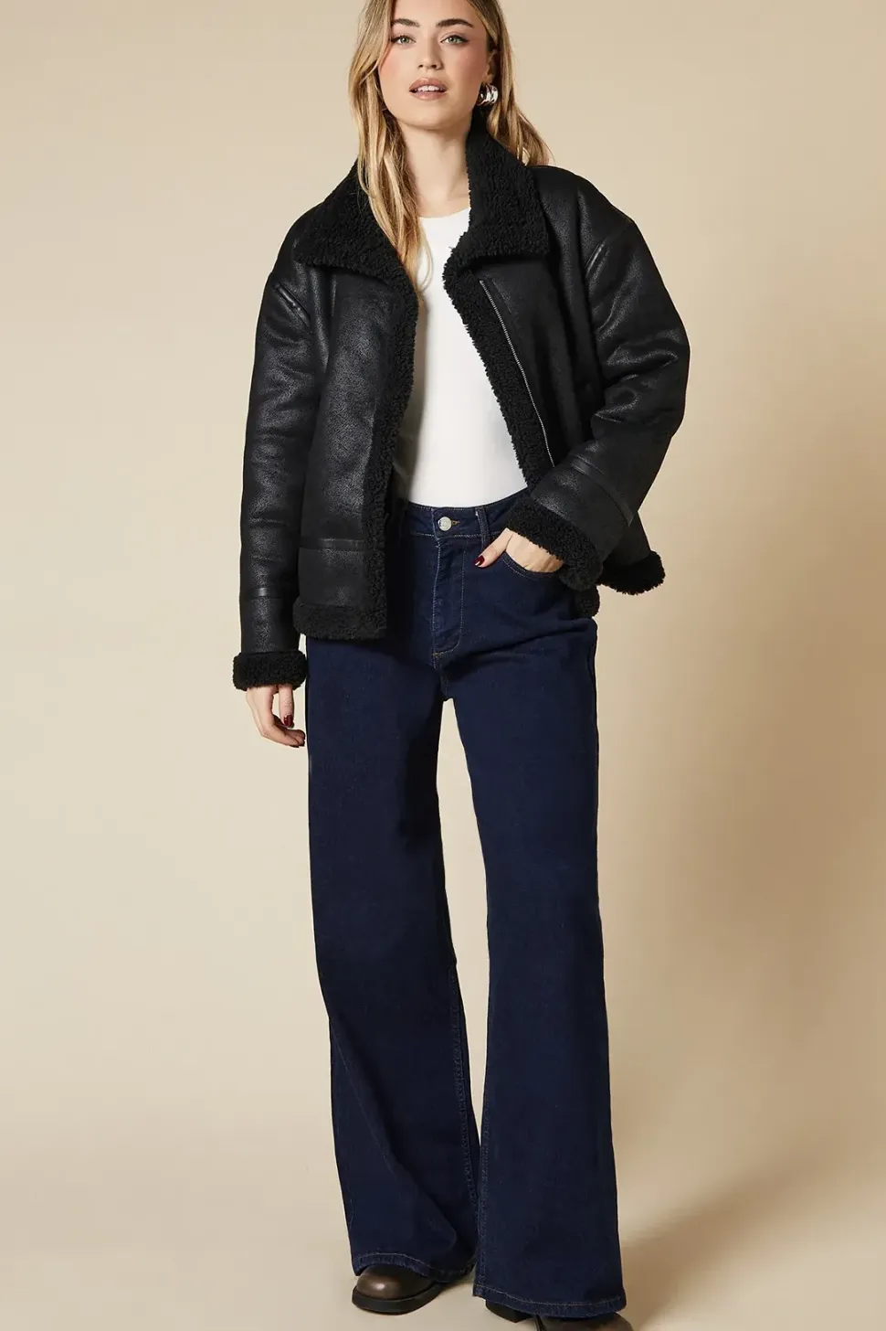 Zip Through Borg Aviator Jacket